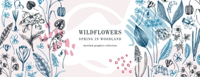 Trendy banner with wildflowers sketches and abstract elements. Floral design in collage style. Delicate contoured blooming flowers and leaves border. Spring woodland botanical vector background